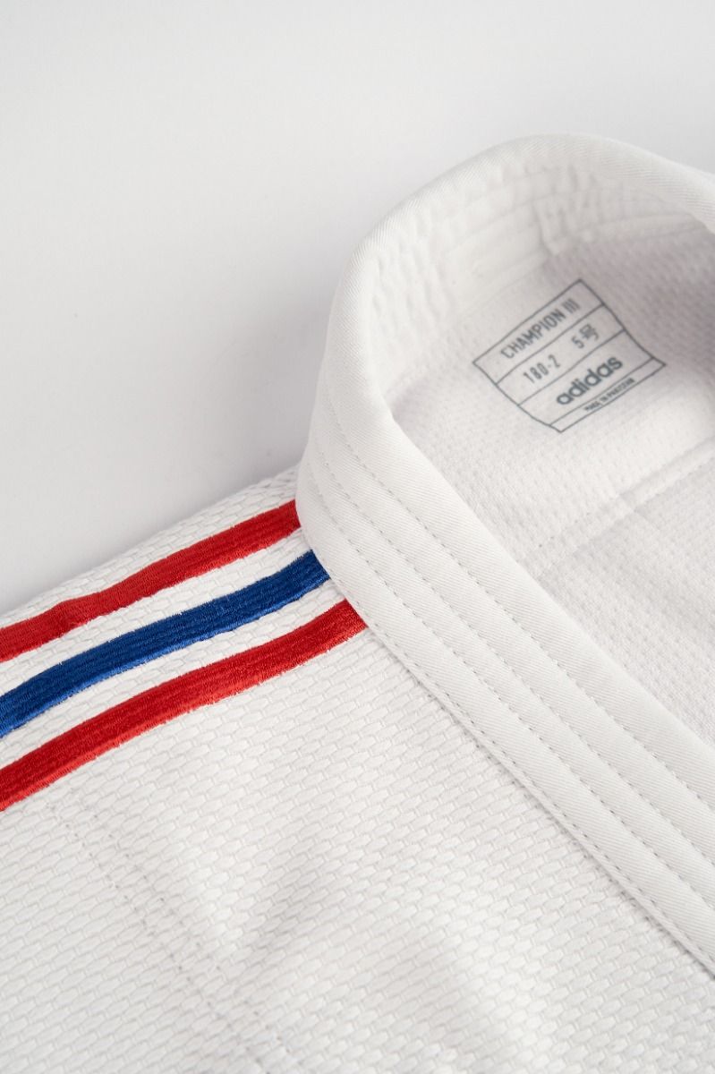 Adidas kimono JU cu dungi de reprezentativă IJF Champion III 730g, alb